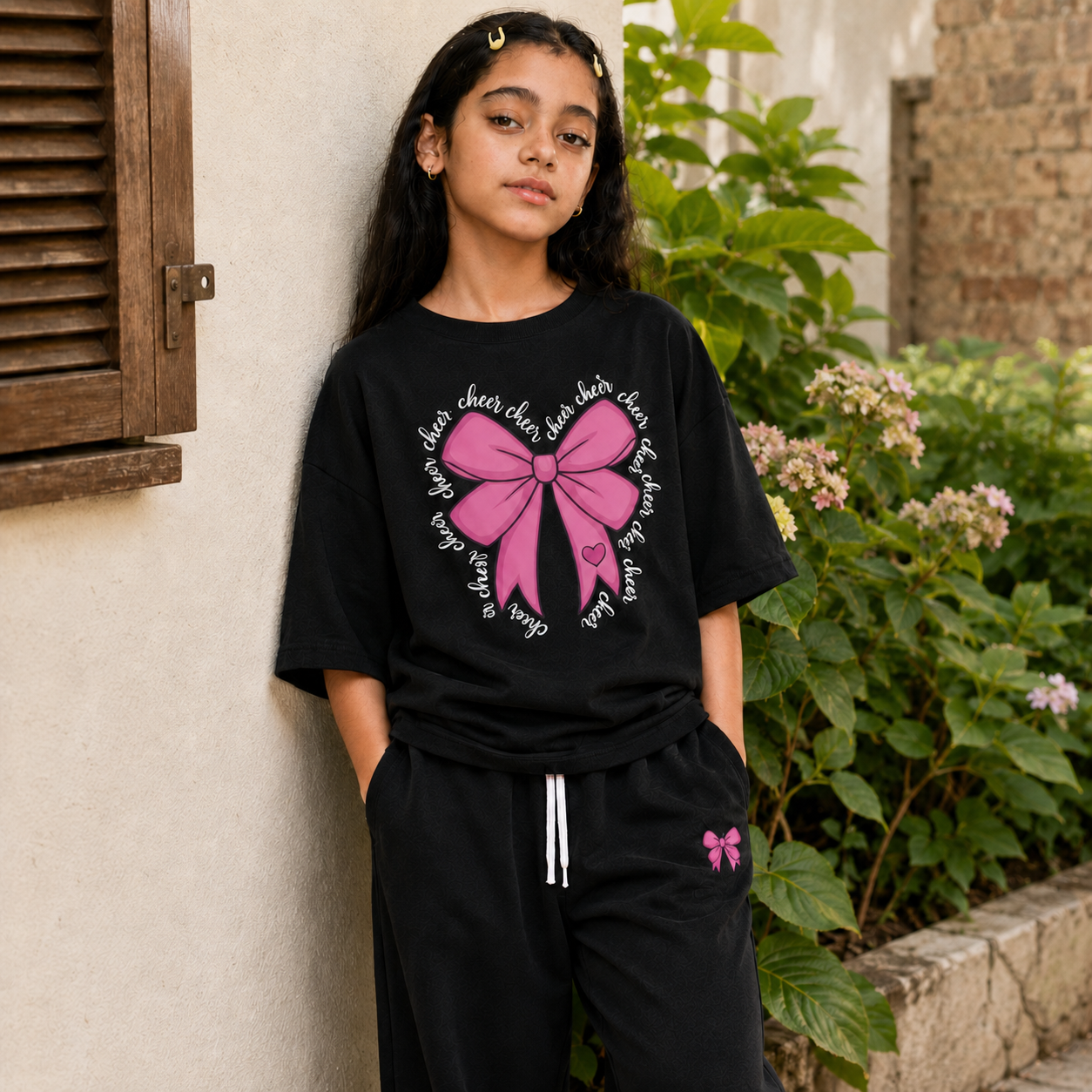 Ensemble Fille Oversize Noir Design Papillon – طقم بناتي أسود أوفر سايز بتصميم الفراشة