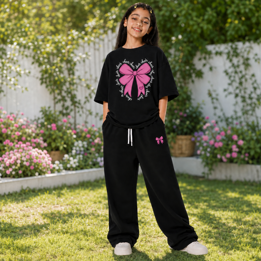 Ensemble Fille Oversize Noir Design Papillon – طقم بناتي أسود أوفر سايز بتصميم الفراشة