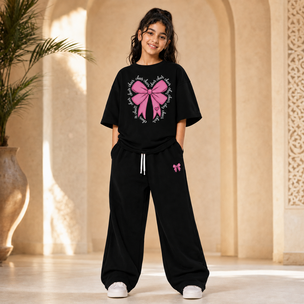 Ensemble Fille Oversize Noir Design Papillon – طقم بناتي أسود أوفر سايز بتصميم الفراشة