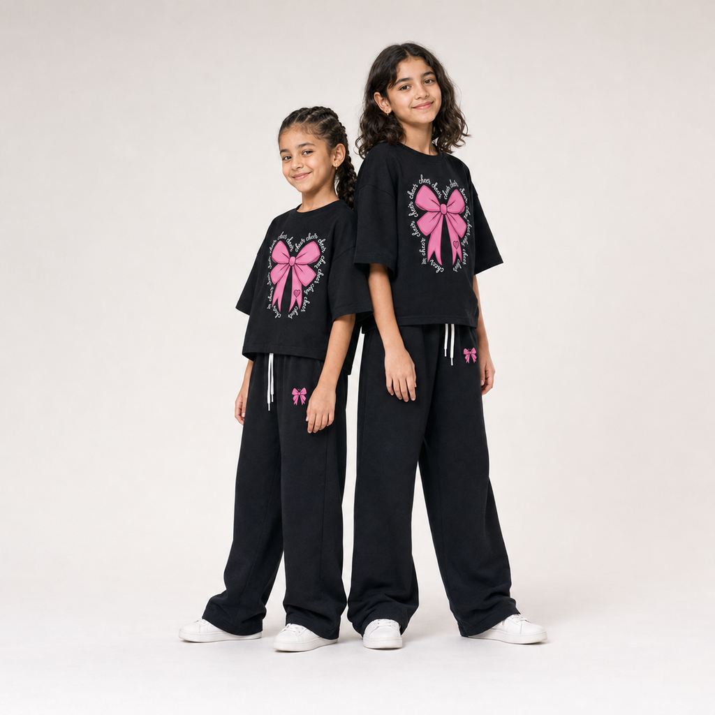 Ensemble Fille Oversize Noir Design Papillon – طقم بناتي أسود أوفر سايز بتصميم الفراشة