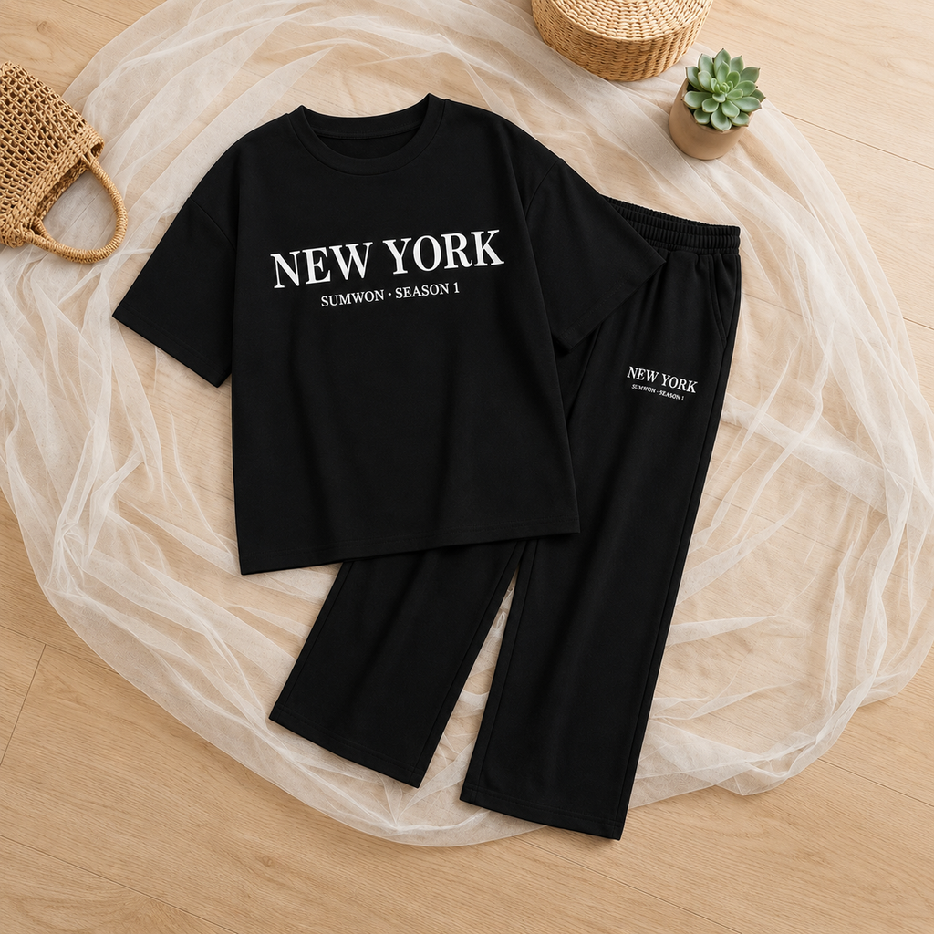 😍🖤 **طقم New York Oversize للبنات – أسود أنيق ومريح** ✨💖