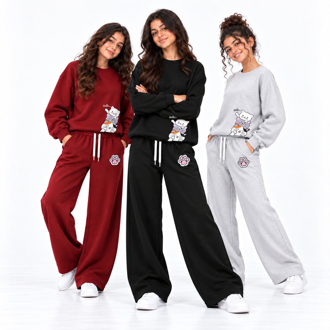طقم Hello Cats للبنات | Oversize دافئ ومريح