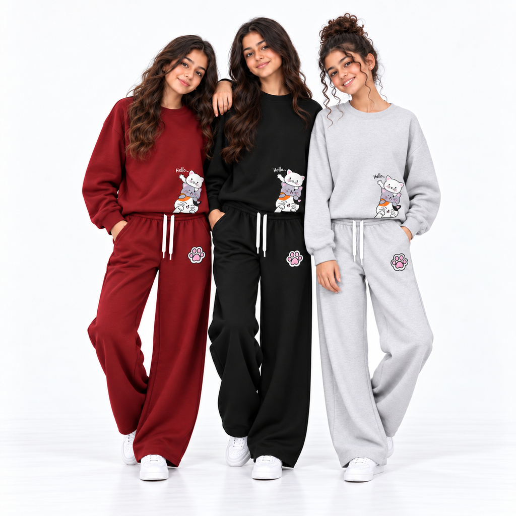 طقم Hello Cats للبنات | Oversize دافئ ومريح