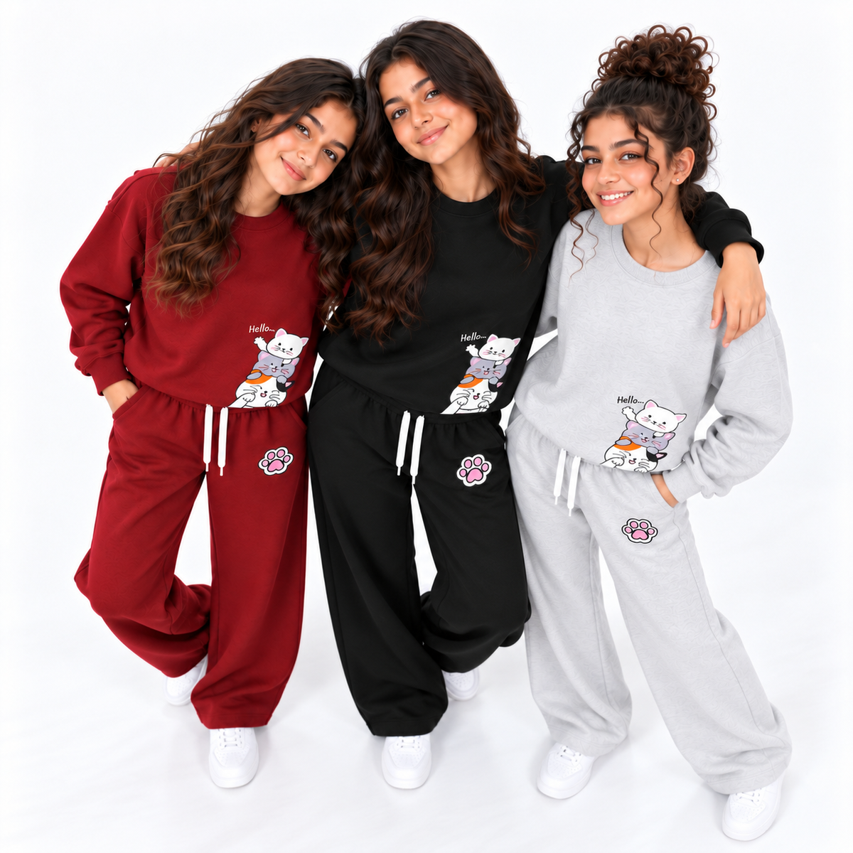 طقم Hello Cats للبنات | Oversize دافئ ومريح